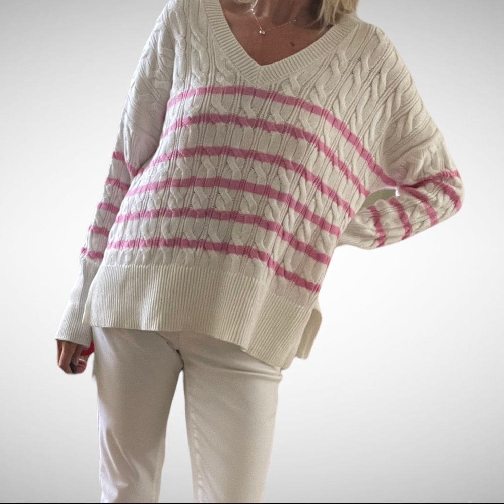 Jones and Co Pink and White Knit Cotton-Blend Sweater S